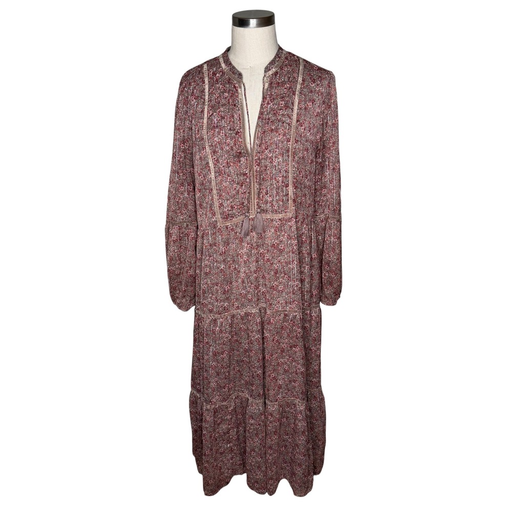 LUCKY BRAND Metallic Thread Floral Long Sleeve Tiered Maxi Dress Brown Women's L